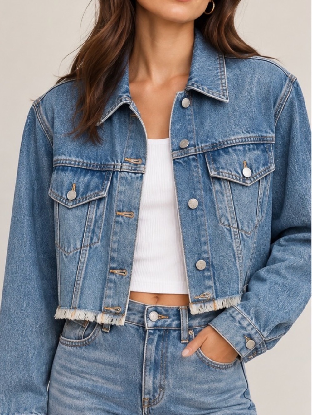 Alice + Olivia Kendall Cropped Boxy Jacket Denim Jean Size S